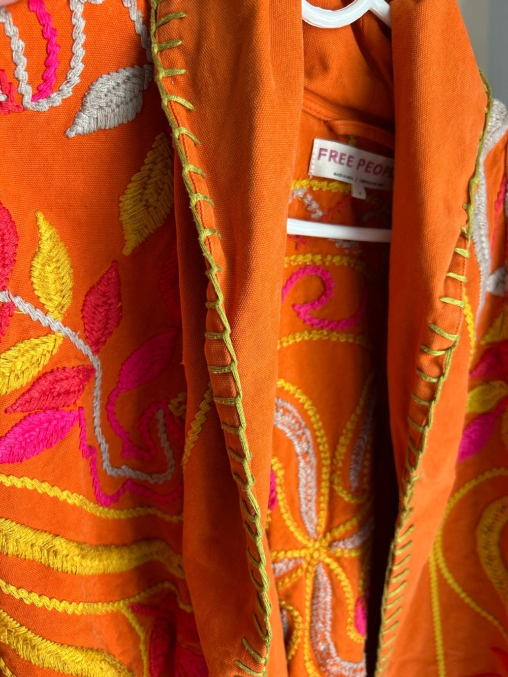 Free People Orange Embroidered Velvet Bomber Jacket with Pink & Yellow Accents - Picture 6 of 9